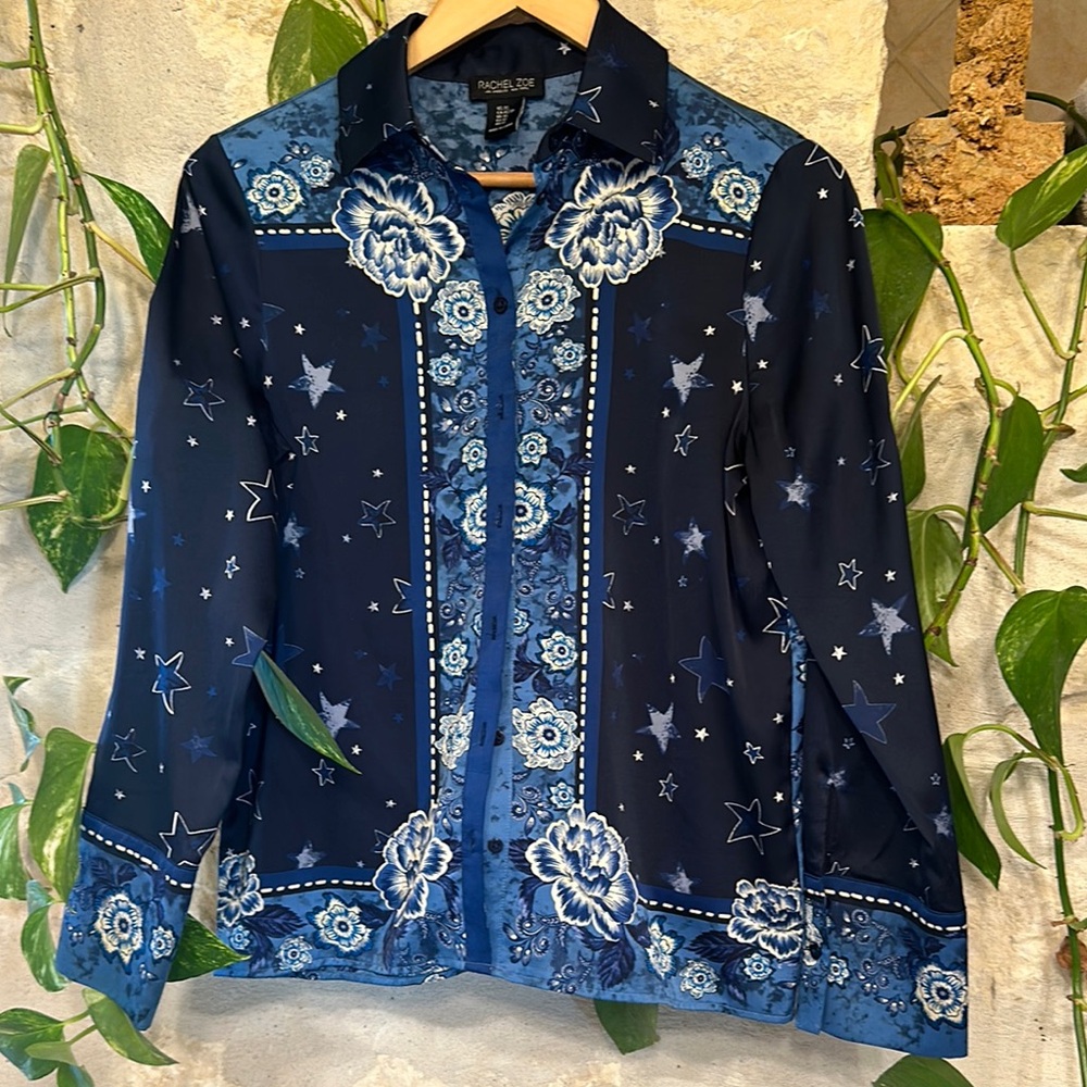 Rachel Zoe silky Western Blue Floral Star Shirt
